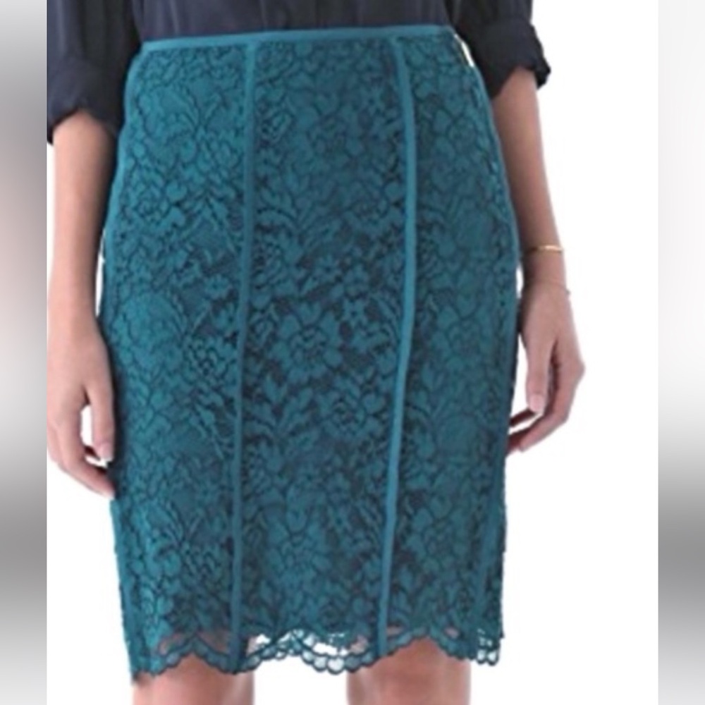 TORY BURCH Silk & Lace TEAL “Everett” pencil skirt 32” Waist US 8 EUC worn once